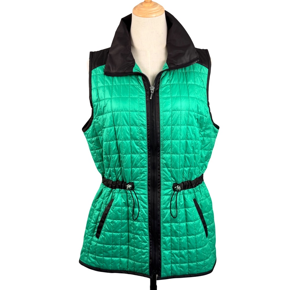 Chicos 2 L Quilted Puffer Vest Green Black Drawstring Waist Gorpcore Equestrian
